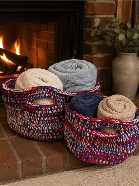 Hand Crafted Red, White & Blue Crochet Storage Baskets - Set of 2